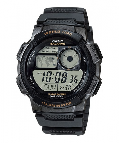 Спортивные электронные часы CASIO AE-1000W-1AVEF черные на полимере, с картой мира, таймер, 10-летняя батарейка, wr100m.