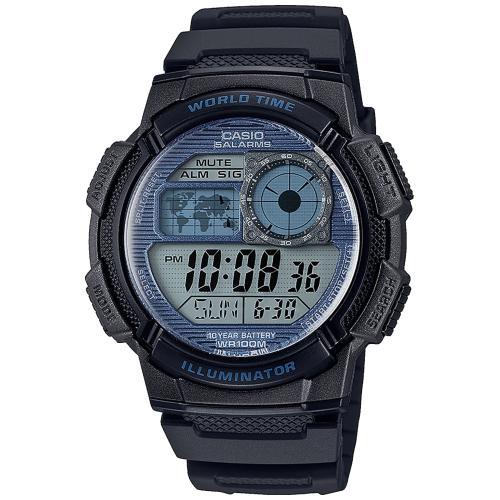 Спортивные электронные часы CASIO AE-1000W-2A2VEF черно-синие, полимер, 100m, таймер и секундомер, 10-летняя батарейка. 