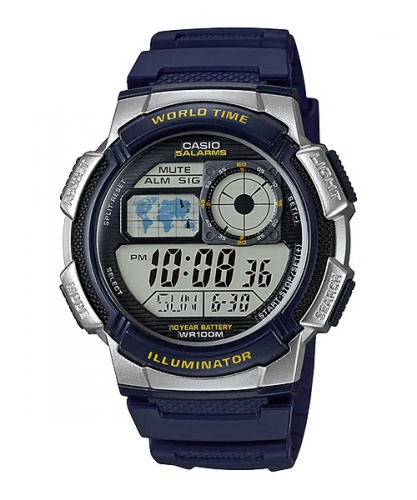 Спортивные электронные часы CASIO AE-1000W-2AVEF синие на полимере, с картой мира, таймер, 10-летняя батарейка, wr100m.