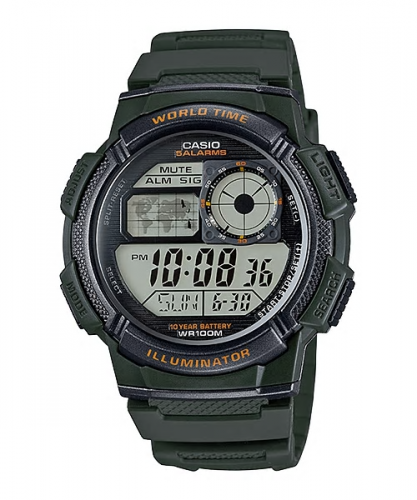 Спортивные электронные часы CASIO AE-1000W-3AVEF зеленые на полимере, с картой мира, таймер, 10-летняя батарейка, wr100m.