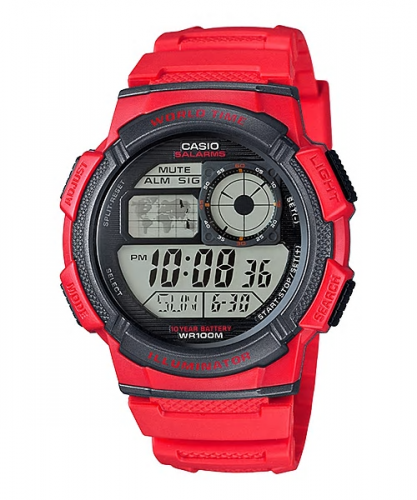Спортивные электронные часы CASIO AE-1000W-4AVEF красные на полимере, таймер и секундомер, 10-летняя батарейка, wr100m.