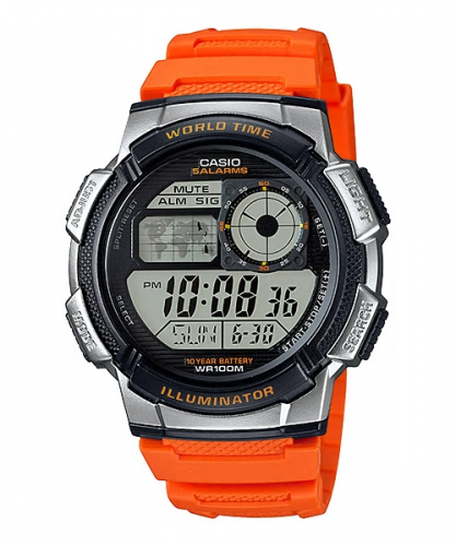 Спортивные электронные часы CASIO AE-1000W-4BVEF оранжевые, полимер, таймер и секундомер, 10-летняя батарейка, wr100m.