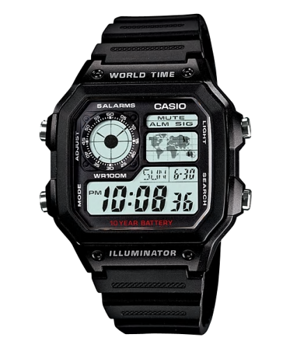 Квадратные электронные часы CASIO AE-1200WH-1AVEF черные на полимере, таймер и секундомер, 10-летняя батарейка, wr100m.
