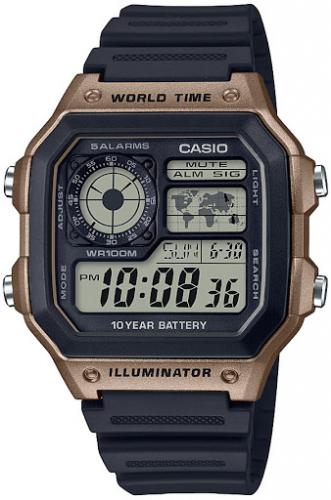 Квадратные электронные часы CASIO AE-1200WH-5AVEF коричневые, полимер, 100m, таймер и секундомер, 10-летняя батарейка.