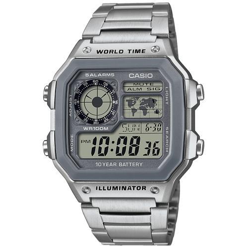 Квадратные электронные часы CASIO AE-1200WHD-7AVEF серые на браслете, таймер и секундомер, 10-летняя батарейка, wr100m.