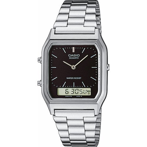 Винтажные олдскульные прямоугольные часы CASIO VINTAGE AQ-230A-1DMQYES с черным аналогово-цифровым циферблатом.