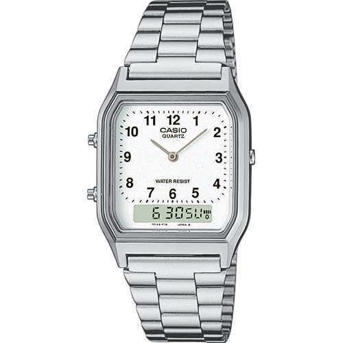 Винтажные олдскульные часы CASIO VINTAGE AQ-230A-7BMQYES с арабскими цифрами на белом циферблате, браслет, Ana-Digi.