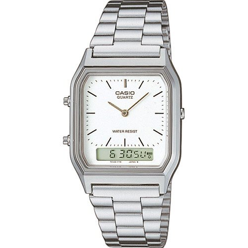 Винтажные олдскульные часы CASIO VINTAGE AQ-230A-7DMQYES с белым аналогово-цифровым циферблатом на браслете.