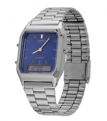 Аналогово-цифровой дисплей винтажных часов CASIO VINTAGE AQ-230EGG-2AEF защищен легким акриловым стеклом.