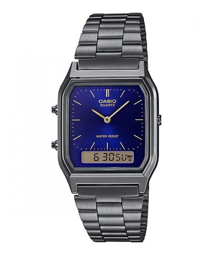 Винтажные олдскульные часы CASIO VINTAGE AQ-230EGG-2AEF с синим аналогово-цифровым циферблатом на браслете IP grey.