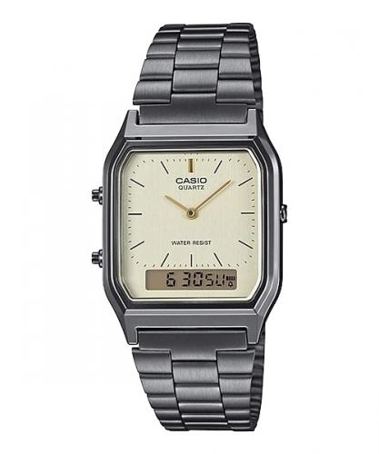 Олдскульные ретро часы CASIO VINTAGE AQ-230EGG-9AEF с желтым аналогово-цифровым циферблатом на браслете IP grey, dual time.