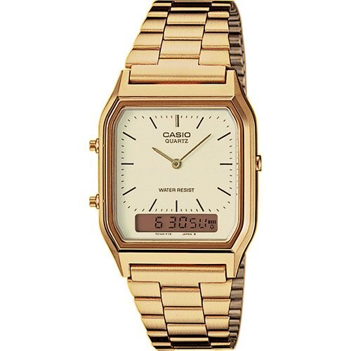 Позолоченные олдскульные ретро часы CASIO VINTAGE AQ-230GA-9DMQYES желтые IP gold на браслете, аналогово-цифровые.