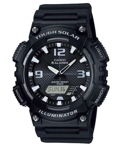 Спортивные часы CASIO AQ-S810W-1AVEF черно-белые на полимере, wr100m, Ana-Digi, солнечная батарейка, таймер и секундомер.