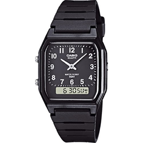 Прямоугольные пластиковые олдскульные часы CASIO AW-48H-1BVEF черные с двойным временем, секундомером и датой, wr50m.