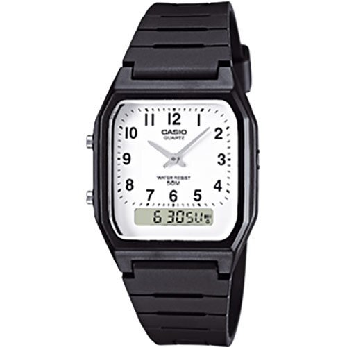 Прямоугольные пластиковые олдскульные часы CASIO AW-48H-7BVEF черно-белые, двойное время, секундомер и дата, wr50m.