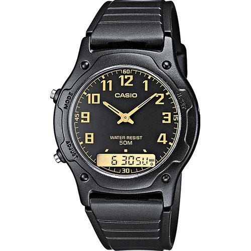 Пластиковые олдскульные часы CASIO AW-49H-1BVEF черные с двойным временем, секундомером и датой, wr50m, Ana-Digi.