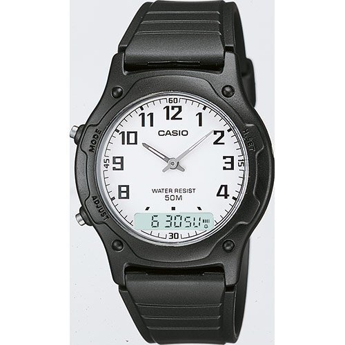 Пластиковые олдскульные часы CASIO AW-49H-7BVEF Ana-Digi черно-белые с двойным временем, секундомером и датой, wr50m.