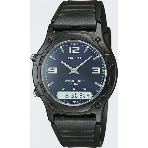 Пластиковые олдскульные часы CASIO AW-49HE-2AVEF Ana-Digi черно-синие с двойным временем, секундомером и датой, wr50m.