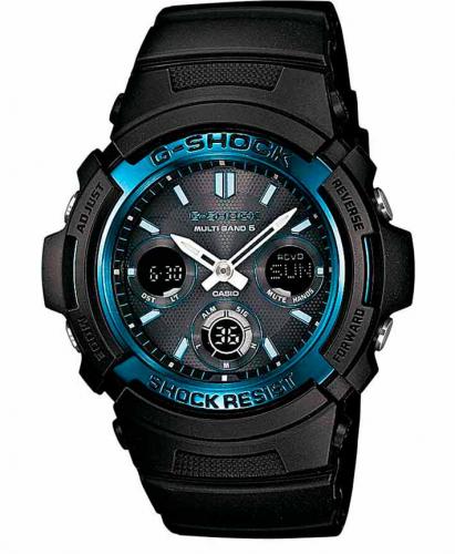 Компактные противоударные часы CASIO G-SHOCK AWG-M100A-1AER black синий безель из алюминия Solar Multi Band, Ana-Digi 200m.