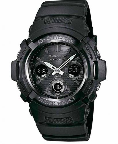Компактные противоударные часы CASIO G-SHOCK AWG-M100B-1AER black серый безель из алюминия Solar, Wave Ceptor, Ana-Digi.