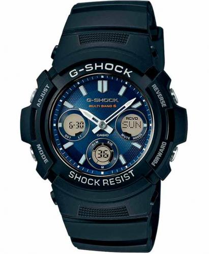 Компактные противоударные часы CASIO G-SHOCK AWG-M100SB-2AER Black, синий циферблат, Solar, Multi Band, Ana-Digi 200m.