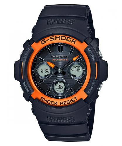 Компактные противоударные часы CASIO G-SHOCK AWG-M100SF-1H4ER Fire Package черно-оранжевые, Solar, Wave Ceptor, 200m.