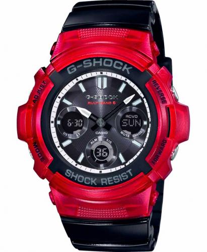 Полупрозрачные компактные ударопрочные часы CASIO G-SHOCK AWG-M100SRB-4AER «RB» Red&Black, Solar, Multi Band, Ana-Digi, wr200m.