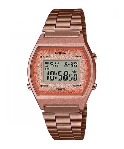 Женские винтажные фэшн часы CASIO VINTAGE B640WCG-5EF IP rose gold розовые, блестки глиттер на дисплее, digi, Illuminator.