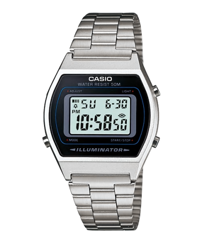 Винтажные олдскульные ретро часы CASIO VINTAGE B640WD-1AVEF цифровые с черным циферблатом на стальном браслете.
