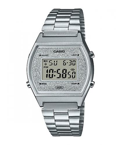 Женские винтажные фэшн часы CASIO VINTAGE B640WDG-7EF серебристые, блестки глиттер на дисплее, цифровые, Illuminator.