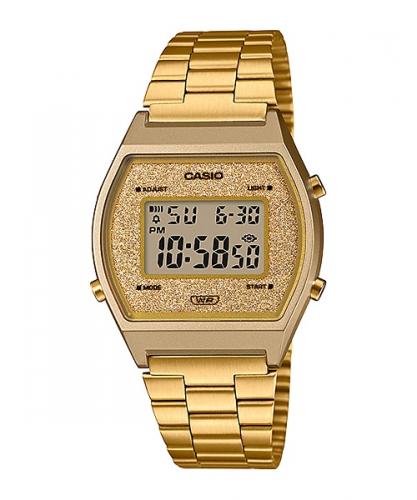 Женские винтажные фэшн часы CASIO VINTAGE B640WGG-9EF желтые gold, блестки глиттер на дисплее, цифровые, Illuminator.
