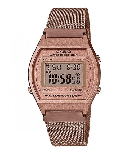 Винтажные олдскульные ретро часы 90-х CASIO VINTAGE B640WC-5AEF IP rose gold на миланском браслете, цифровые, WR50m.