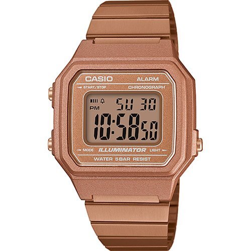Позолоченные квадратные олдскульные ретро часы CASIO VINTAGE B650WC-5AEF rose gold IP розовые, цифровые с подсветкой.