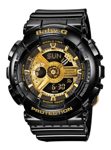 Женские ударопрочные часы CASIO BABY-G BA-110-1AER Metallic Elements черные с циферблатом Gold, LED, Ana-Digi, wr100m.