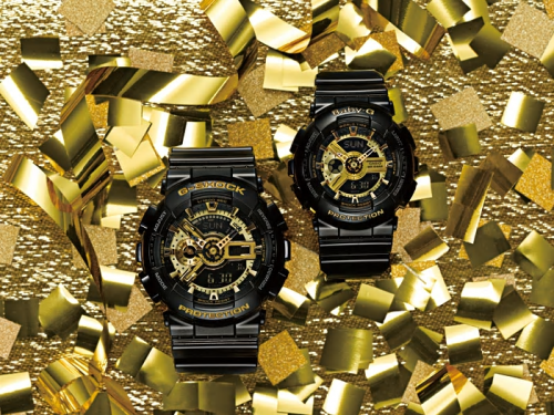 Парные часы мужские G-SHOCK GA-110GB-1AER и женские BABY-G BA-110-1AER глянцево-черные с элементами желтого золота.