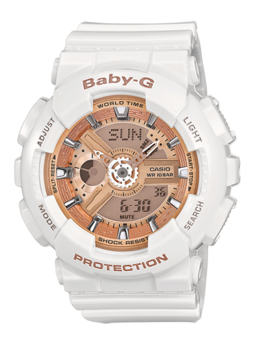 Женские ударопрочные часы CASIO BABY-G BA-110-7A1ER Metallic Elements белые с циферблатом Rose Gold, Ana-Digi, wr100m.