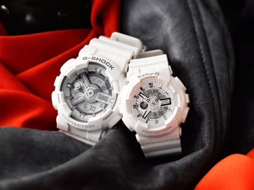 Парные белые часы CASIO мужские G-SHOCK GA-110C-7AER & женские BABY-G BA-110-7A3ER гармонично дополняют друг друга.