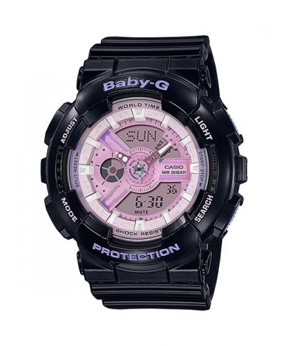 Женские ударопрочные аналогово-цифровые часы CASIO BABY-G BA-110PL-1AER «Polarized Colours» черно-розовые, LED, wr100m.