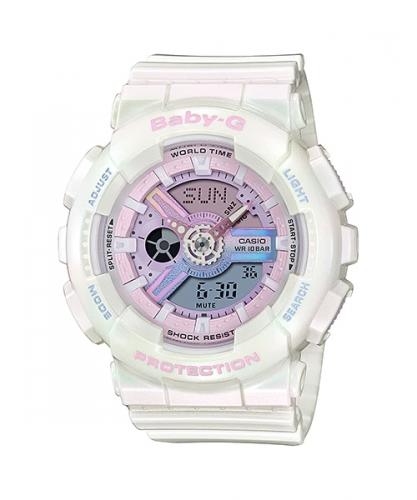Женские ударопрочные часы CASIO BABY-G BA-110PL-7A1ER «Polarized Aurora Borealis» белые с пурпурным циферблатом, wr100m.