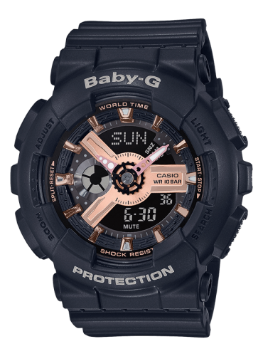 Женские ударопрочные аналогово-цифровые часы CASIO BABY-G BA-110RG-1AER Metallic Elements черные с IP rose gold, wr100m.
