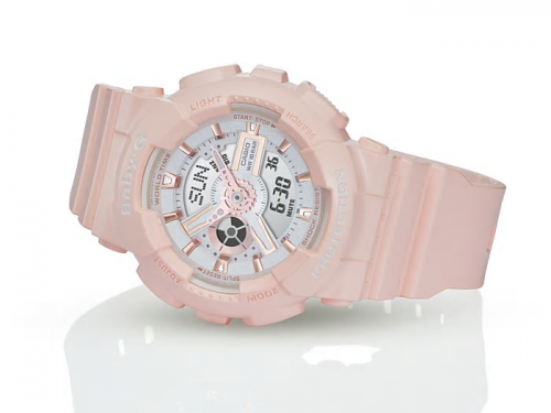 Часы BABY-G BA-110RG-4AER выполнены из глянцевого пастельно-розового полиуретана с розовым золотом на циферблате.