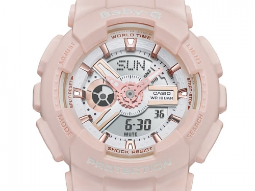 Дисплей часов CASIO BABY-G BA-110RG-4AER с позолоченными объемными индексами и эксцентричными стрелками.