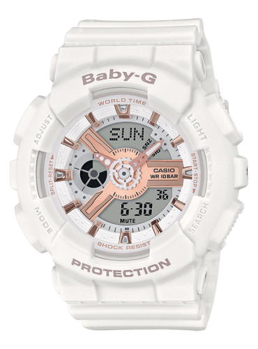 Женские ударопрочные аналогово-цифровые часы CASIO BABY-G BA-110RG-7AER Metallic Elements белые с IP rose gold, wr100m.