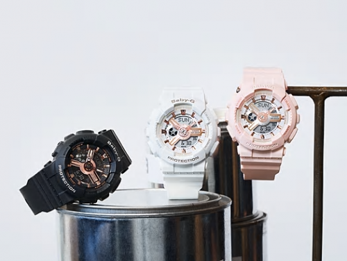 Металлические элементы rose gold серии часов BABY-G BA-110RG придают дизайну характерный женский стиль уличной моды.