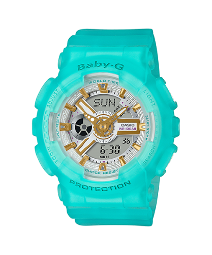 Полупрозрачные женские ударопрочные часы CASIO BABY-G BA-110SC-2AER Skeleton Sea Glass бирюзовые Gold, Ana-Digi wr100m.
