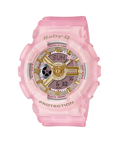 Полупрозрачные женские ударопрочные часы CASIO BABY-G BA-110SC-4AER Skeleton Sea Glass розовые IP Gold, Ana-Digi, wr100m.