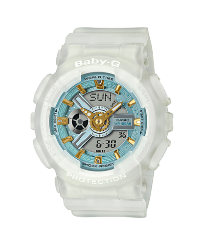 Прозрачные женские ударопрочные часы CASIO BABY-G BA-110SC-7AER Skeleton Sea Glass бело-голубые Gold, Ana-Digi, wr100m.