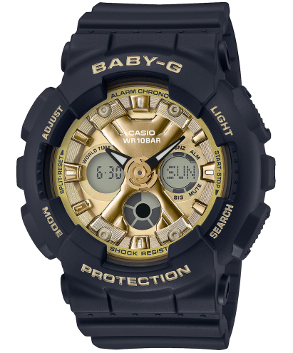 Женские ударопрочные аналогово-цифровые часы CASIO BABY-G BA-130-1A3ER Brilliantly Metal Faces Black&Gold, LED, wr100m.