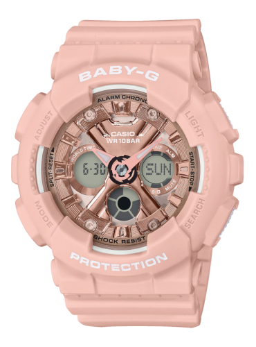 Женские ударопрочные аналогово-цифровые часы CASIO BABY-G BA-130-4AER Metal Face розовые с IP rose gold, LED, wr200m.