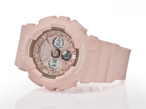 Часы CASIO BABY-G BA-130-4AER из матово-розового полиуретана с металлическим циферблатом цвета розового золота.